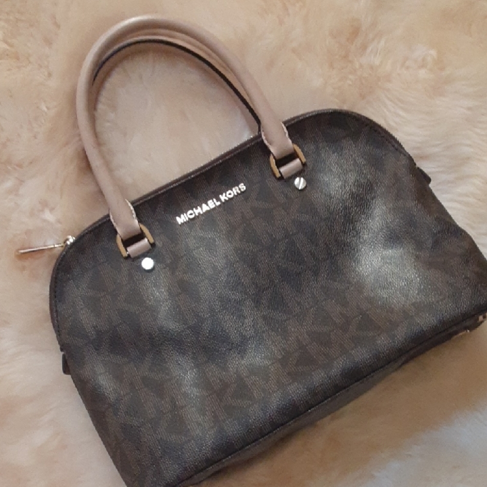 MICHAEL KORS Brown/Black Signature Dome Satchel with Taupe Handles